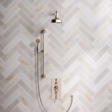 Linton Dual Outlet Concealed Shower with Slider Rail, 500mm Wall Arm, 6" Rose & Metal Levers in Polished Nickel