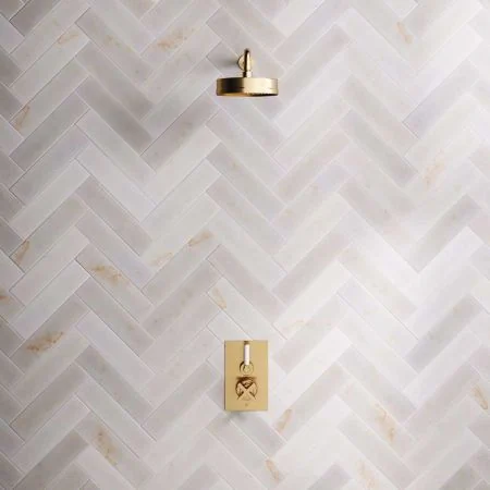 Bayor Single Outlet Concealed Shower with 500mm Wall Arm, 8" Rose & White Levers in Brushed Brass