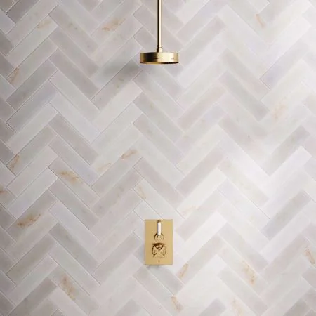 Bayor Single Outlet Concealed Shower with 210mm Ceiling Arm, 8" Rose & White Levers in Brushed Brass