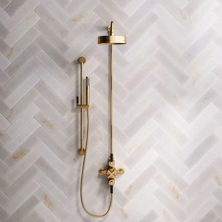 Bayor Dual Outlet Exposed Shower with Slider Rail, 8" Rose & Black Levers in Brushed Brass