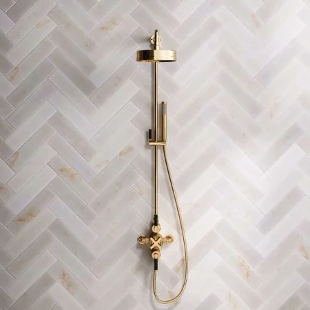 Bayor Dual Outlet Exposed Shower with Riser Mounted Handshower, 8" Rose & Black Levers in Living Brass