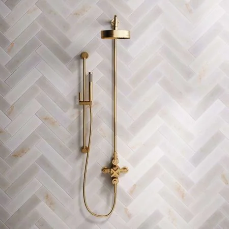Bayor Dual Outlet Exposed Shower with Slider Rail, 8" Rose & Metal Levers in Brushed Brass