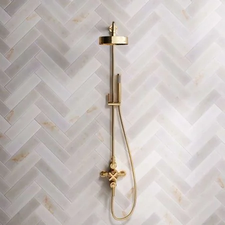 Bayor Dual Outlet Exposed Shower with Riser Mounted Handshower, 8" Rose & Metal Levers in Living Brass