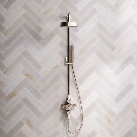Bayor Dual Outlet Exposed Shower with Riser Mounted Handshower, 8" Rose & White Levers in Brushed Nickel