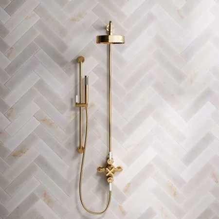 Bayor Dual Outlet Exposed Shower with Slider Rail, 8" Rose & White Levers in Living Brass