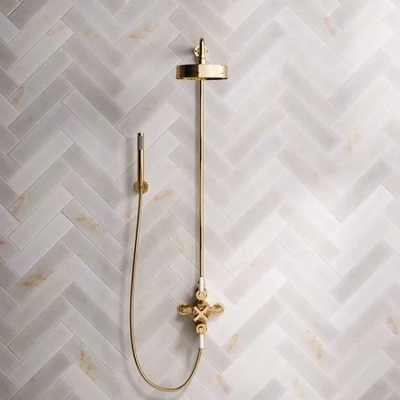 Bayor Dual Outlet Exposed Shower with Handshower Hook, 8" Rose & White Levers in Living Brass