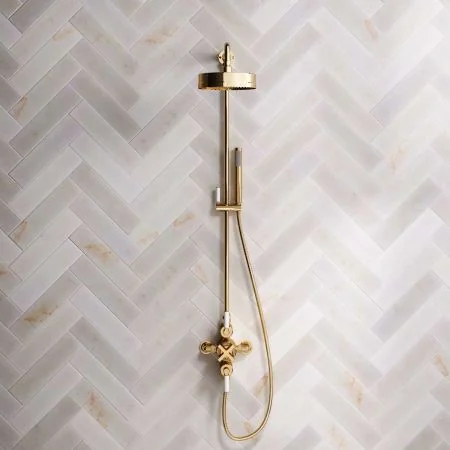 Bayor Dual Outlet Exposed Shower with Riser Mounted Handshower, 8" Rose & White Levers in Living Brass
