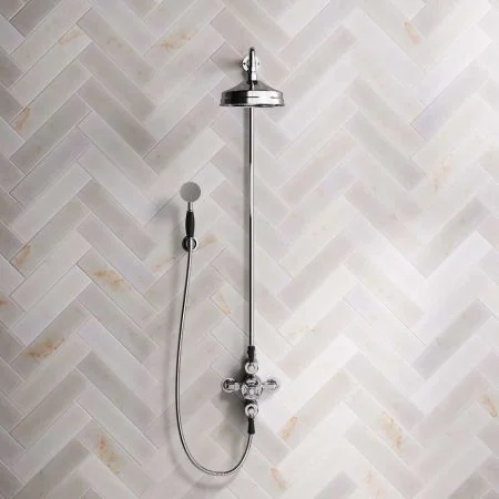 Linton Dual Outlet Exposed Shower with Handshower Hook, 8" Rose & Black Levers in Chrome