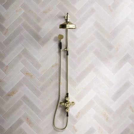 Linton Dual Outlet Shower Kit - Exposed Valve - 8 inch Rose - Black Ceramic Lever - Handshower Mounted on Riser-Rail - Timeless Brass