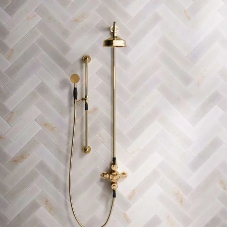 Linton Dual Outlet Shower Kit - Exposed Valve - 6 inch Rose - Black Ceramic Lever - Handshower Slider-Rail - Living Brass