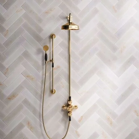 Linton Dual Outlet Shower Kit - Exposed Valve - 8 inch Rose - Black Ceramic Lever - Handshower Slider-Rail - Living Brass