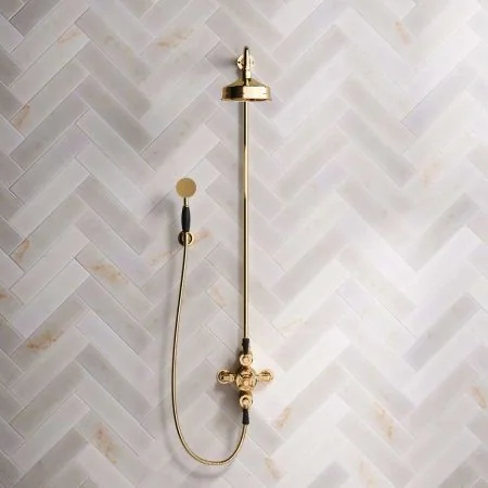 Linton Dual Outlet Shower Kit - Exposed Valve - 6 inch Rose - Black Ceramic Lever - Handshower Hook - Living Brass