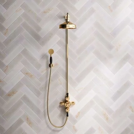 Linton Dual Outlet Shower Kit - Exposed Valve - 8 inch Rose - Black Ceramic Lever - Handshower Hook - Living Brass