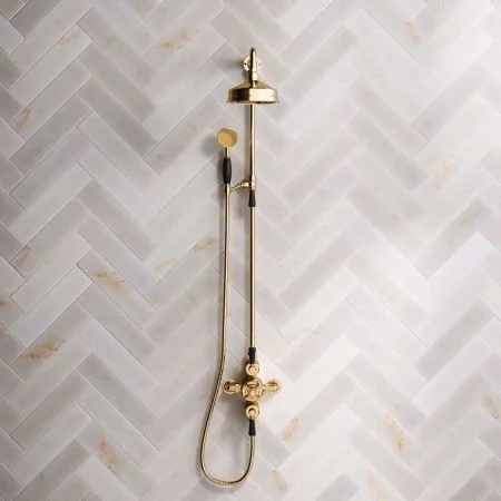 Linton Dual Outlet Shower Kit - Exposed Valve - 6 inch Rose - Black Ceramic Lever - Handshower Mounted on Riser-Rail - Living Brass