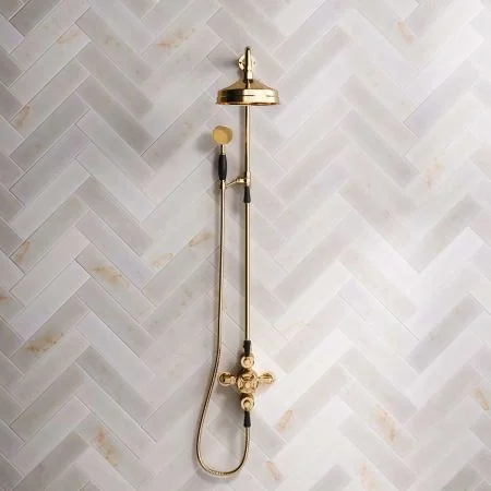 Linton Dual Outlet Shower Kit - Exposed Valve - 8 inch Rose - Black Ceramic Lever - Handshower Mounted on Riser-Rail - Living Brass