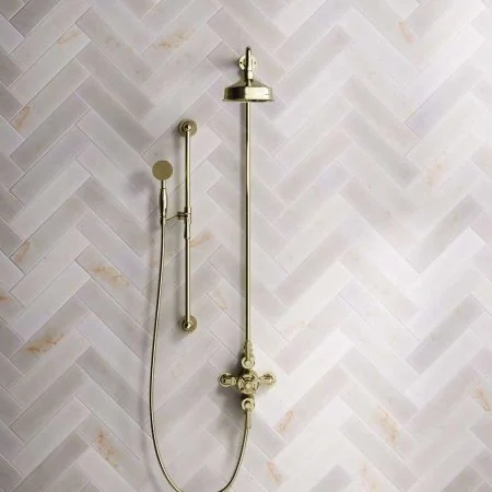Linton Dual Outlet Shower Kit - Exposed Valve - 6 inch Rose - Metal Lever - Handshower Slider-Rail - Timeless Brass