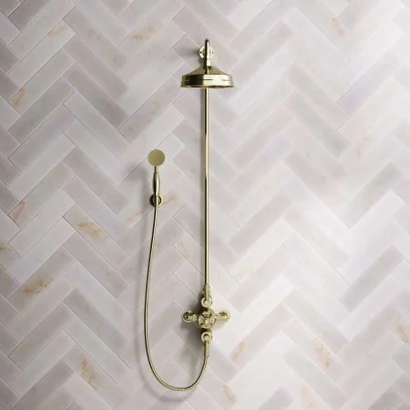 Linton Dual Outlet Shower Kit - Exposed Valve - 8 inch Rose - Metal Lever - Handshower Hook - Timeless Brass