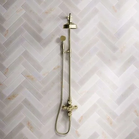 Linton Dual Outlet Shower Kit - Exposed Valve - 6 inch Rose - Metal Lever - Handshower Mounted on Riser-Rail - Timeless Brass