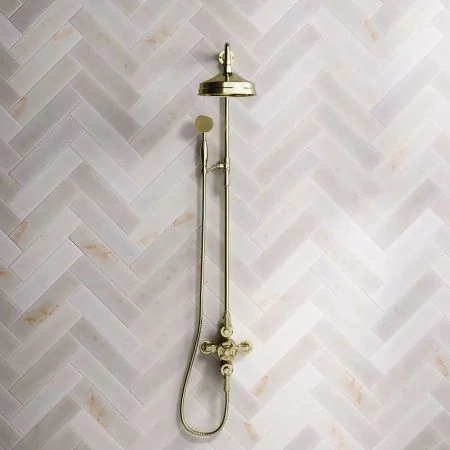 Linton Dual Outlet Shower Kit - Exposed Valve - 8 inch Rose - Metal Lever - Handshower Mounted on Riser-Rail - Timeless Brass