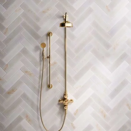 Linton Dual Outlet Shower Kit - Exposed Valve - 6 inch Rose - Metal Lever - Handshower Slider-Rail - Living Brass