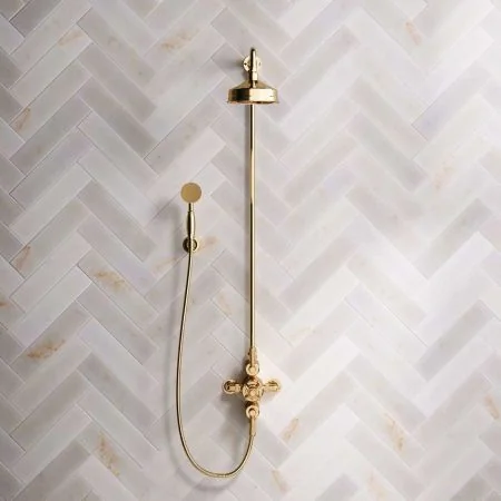 Linton Dual Outlet Shower Kit - Exposed Valve - 6 inch Rose - Metal Lever - Handshower Hook - Living Brass