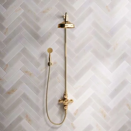 Linton Dual Outlet Shower Kit - Exposed Valve - 8 inch Rose - Metal Lever - Handshower Hook - Living Brass