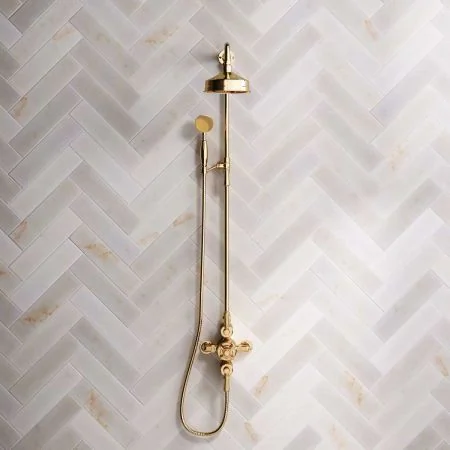 Linton Dual Outlet Shower Kit - Exposed Valve - 6 inch Rose - Metal Lever - Handshower Mounted on Riser-Rail - Living Brass