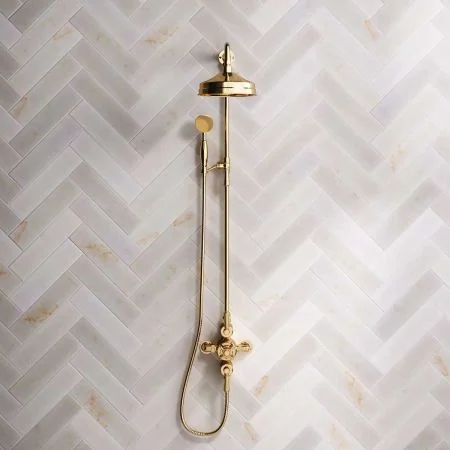 Linton Dual Outlet Shower Kit - Exposed Valve - 8 inch Rose - Metal Lever - Handshower Mounted on Riser-Rail - Polished Brass