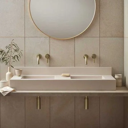 Xanti Rectangular Concrete Double Basin With Backsplash - Freestanding - Linen White