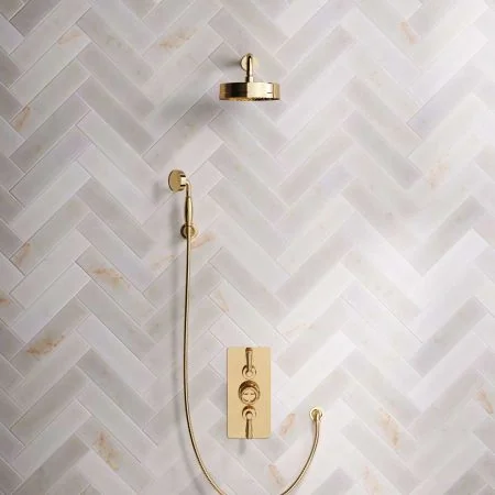 Klee Dual Outlet Concealed Shower with Hook Mount, 300mm Wall Arm & 8" Rose - Metal Lever - Living Brass