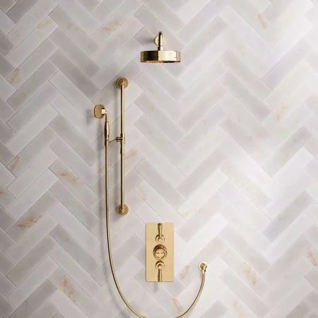 Klee Dual Outlet Concealed Shower with Slider Rail, 500mm Wall Arm & 8" Rose - Metal Lever - Living Brass