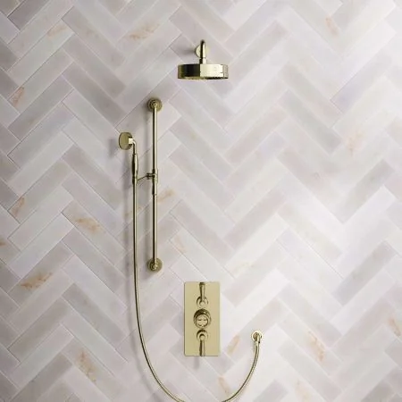 Klee Dual Outlet Concealed Shower with Slider Rail, 500mm Wall Arm & 8" Rose - Metal Lever - Timeless Brass