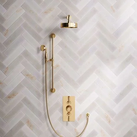 Klee Dual Outlet Concealed Shower with Slider Rail, 300mm Wall Arm & 8" Rose - Metal Lever - Living Brass