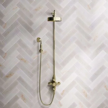 Klee Dual Outlet Exposed Shower with Rigid Riser, Hook Mount & 8" Rose - Metal Lever - Timeless Brass