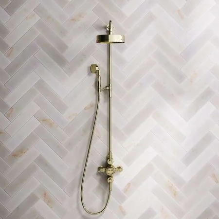 Klee Dual Outlet Exposed Shower with Rigid Riser, Mounted Handheld Shower & 8" Rose - Metal Lever - Timeless Brass