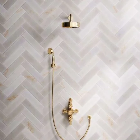 Klee Dual Outlet Semi Exposed Shower with Hook Mount, 500mm Wall Arm & 8" Rose - Metal Lever - Living Brass