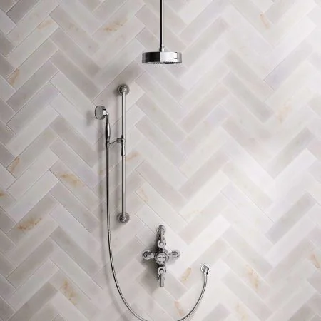 Klee Dual Outlet Semi Exposed Shower with Slider Rail, 210mm Ceiling Arm & 8" Rose - Metal Lever - Chrome