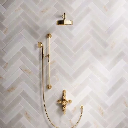 Klee Dual Outlet Semi Exposed Shower with Slider Rail, 500mm Wall Arm & 8" Rose - Metal Lever - Living Brass