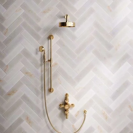 Klee Dual Outlet Semi Exposed Shower with Slider Rail, 300mm Wall Arm & 8" Rose - Metal Lever - Living Brass