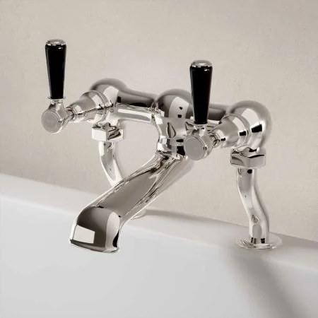 Linton Deck Mounted 2 Hole Bath Filler - Black Lever - Polished Nickel
