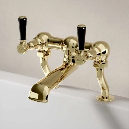 Linton Deck Mounted 2 Hole Bath Filler - Black Lever - Timeless Brass