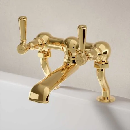 Linton Deck Mounted 2 Hole Bath Filler - Metal Lever - Living Brass