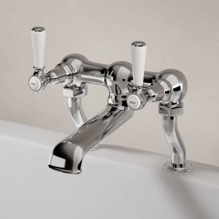 Linton Classic Deck Mounted Bath Filler with White Levers in Chrome
