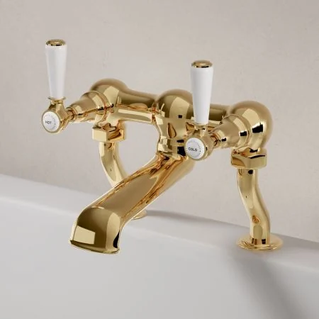 Linton Classic Bath Filler Tap White Lever Living Brass 3/4BSP