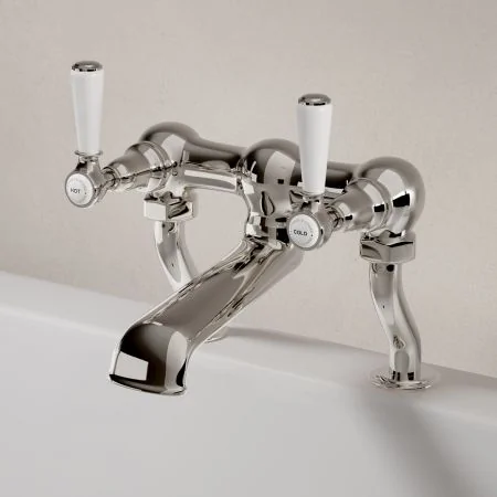Linton Classic Deck Mounted Bath Filler with White Levers in Polished Nickel