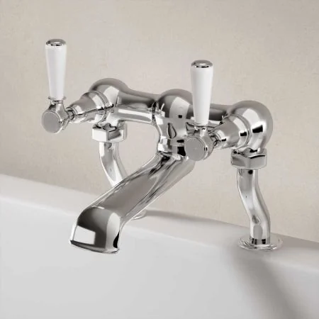 Linton Deck Mounted 2 Hole Bath Filler - White Lever - Chrome