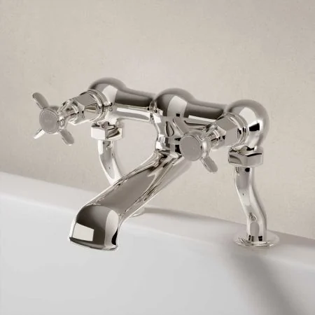 Linton Deck Mounted 2 Hole Bath Filler - White Lever - Polished Nickel