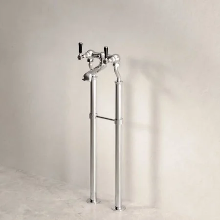 Linton Floor Mounted 2 Hole Bath Filler with 620mm Standpipes - Black Lever - Chrome