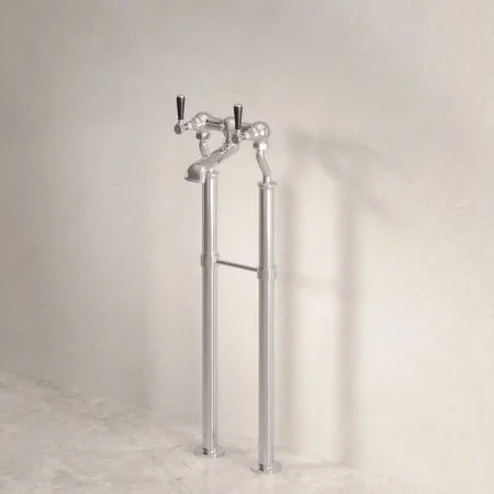 Linton Floor Mounted 2 Hole Bath Filler with 620mm Standpipes - Black Lever - Polished Nickel