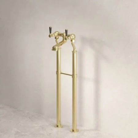 Linton Floor Mounted 2 Hole Bath Filler with 620mm Standpipes - Black Lever - Timeless Brass